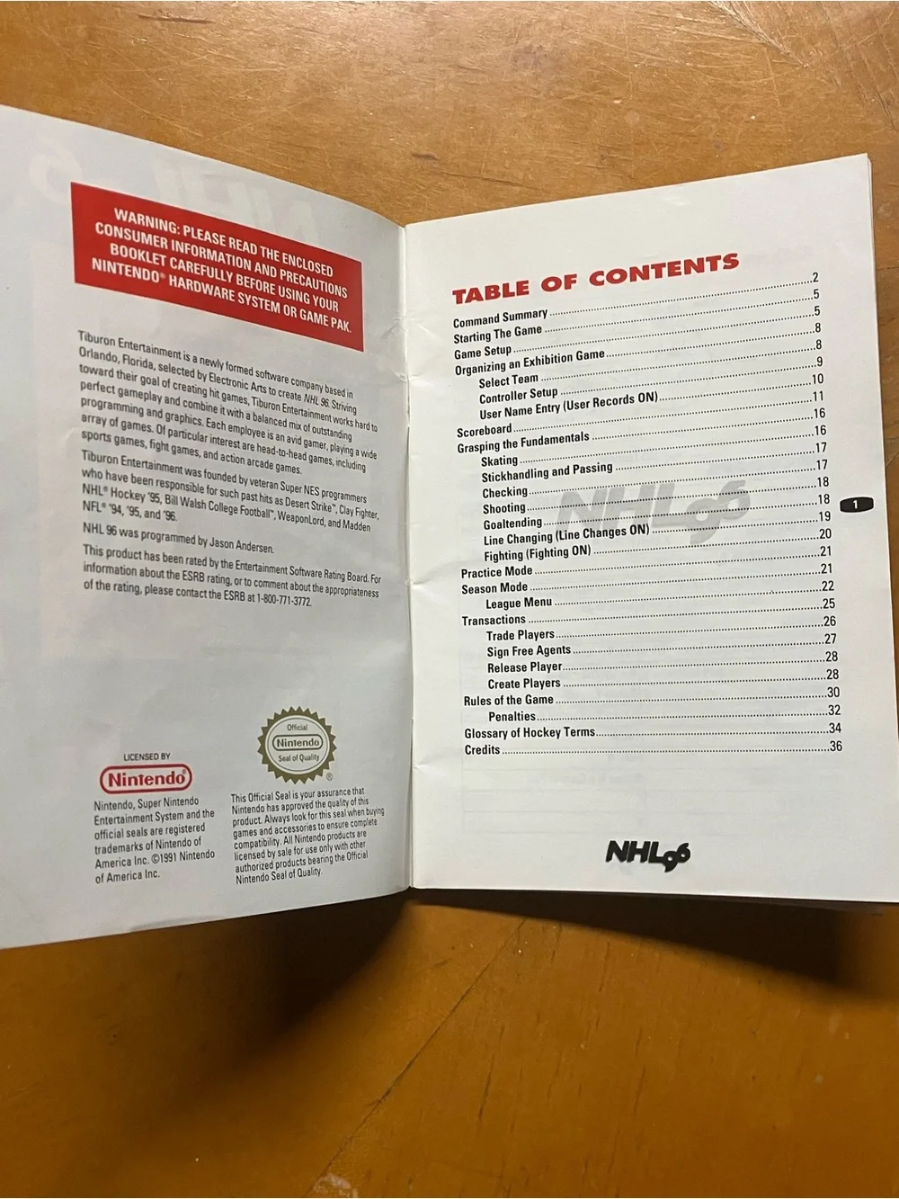 Authentic Vintage SNES NHL 96 Instruction Manual